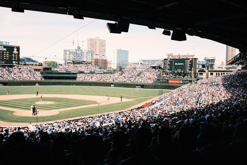 Dodgers vs Chicago Cubs Match lively baseball game at Wrigley Field with a packed crowd in Chicago, Illinois.