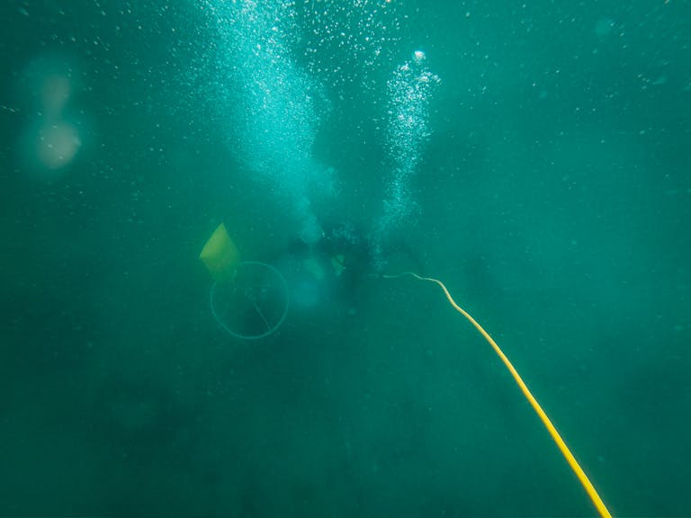 Darlnaija A diver explores underwater depths with bubbles rising in the turquoise ocean water.