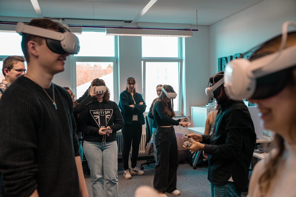 Technology Trends Gonzay Com A group of diverse adults using VR headsets in an office setting.