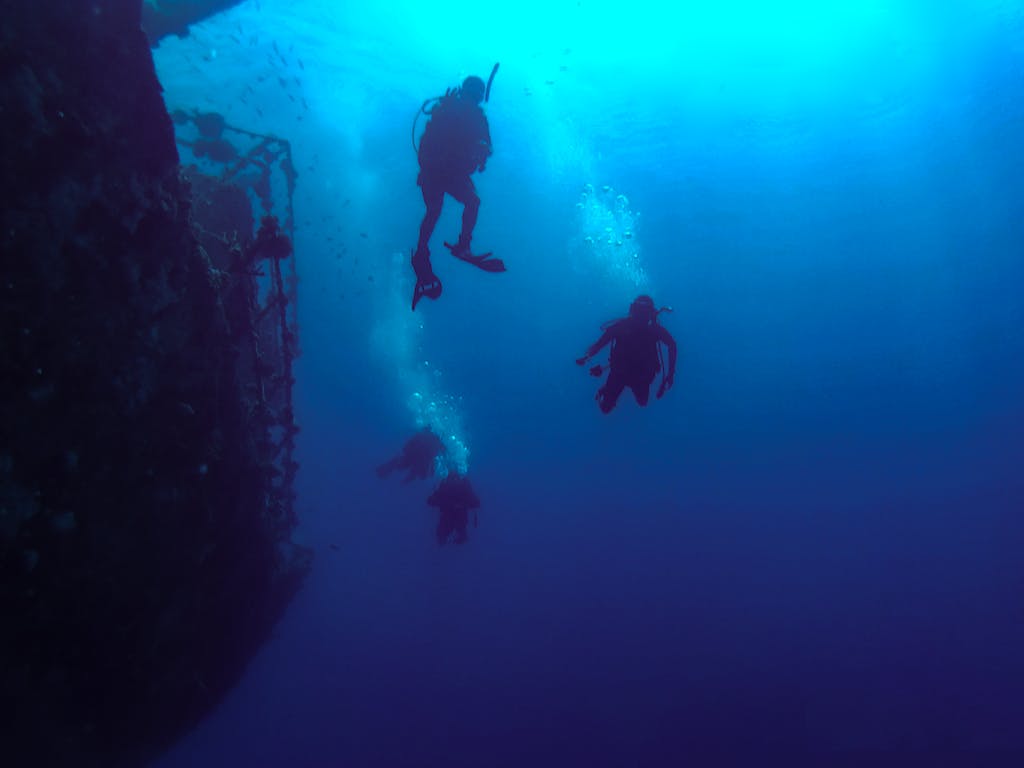 Bastinews.xyz A group of scuba divers exploring a submerged shipwreck in the deep blue waters of Saudi Arabia.