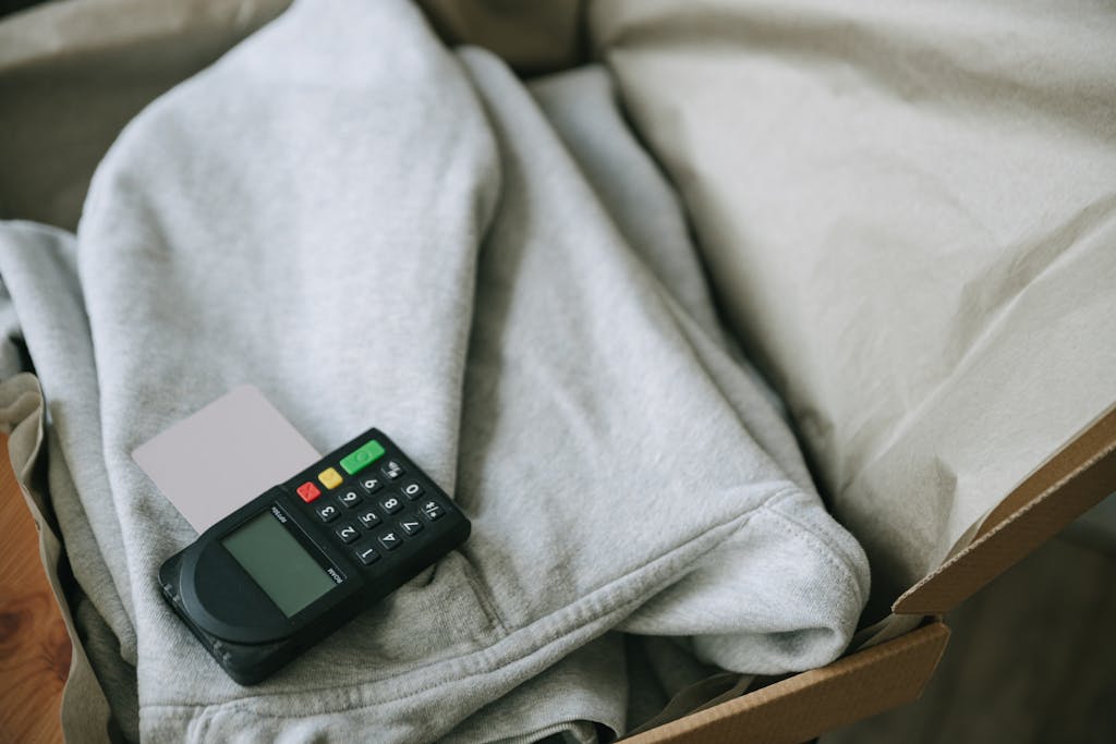Simbramento A payment terminal and card placed on folded clothing inside a shipping box, indicating e-commerce packaging.