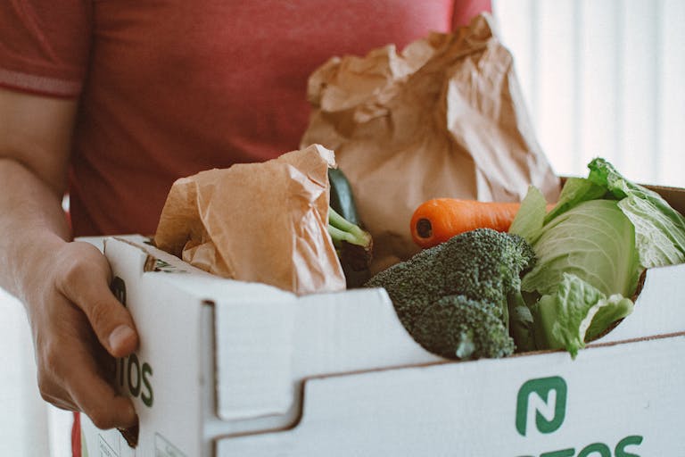Veganov Trichy Person holding a box filled with fresh vegetables, ideal for health and produce concepts.