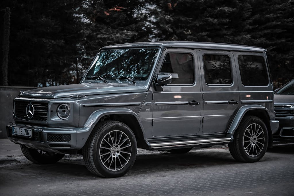 Unbanned G+ Close-up of a luxury Mercedes-Benz G-Class SUV parked on a city street in Istanbul, Turkey.